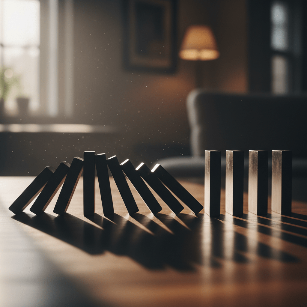 Row of dark blocks falling in a chain reaction on a wooden table.