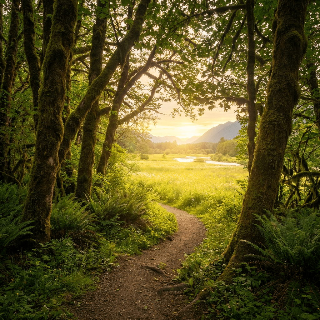 A dirt trail winds through mossy trees toward a sunlit meadow and distant mountains.