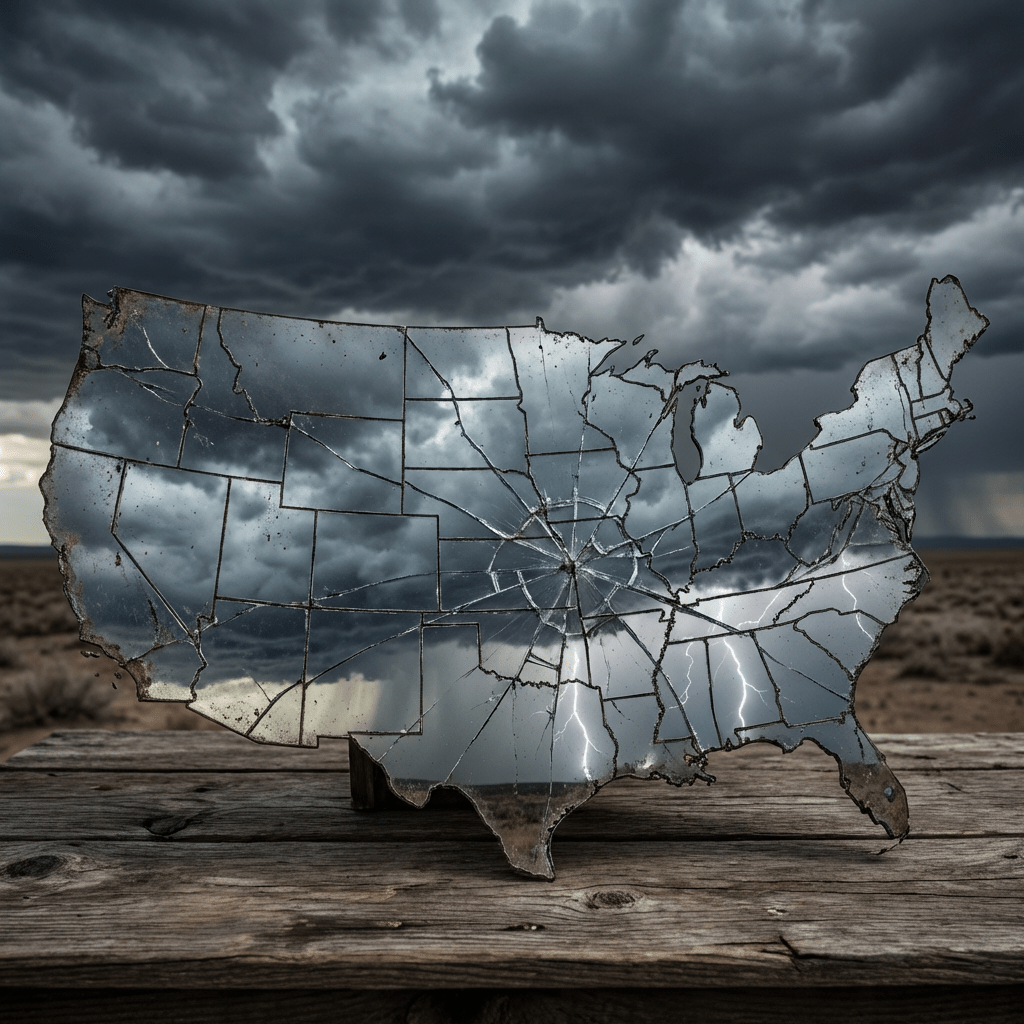 Mirror in shape of USA with cracks reflecting storm clouds and lightning