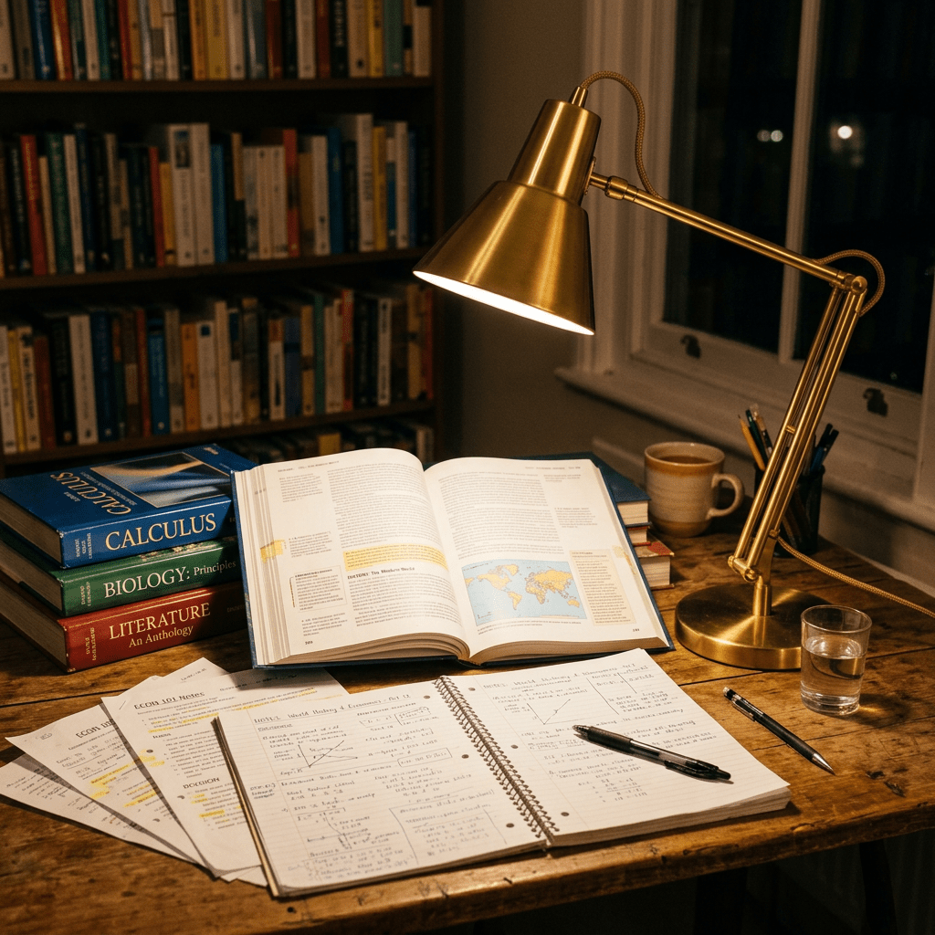 Study desk with open textbook, notebooks with handwriting, desk lamp, glass of water, and stacked textbooks