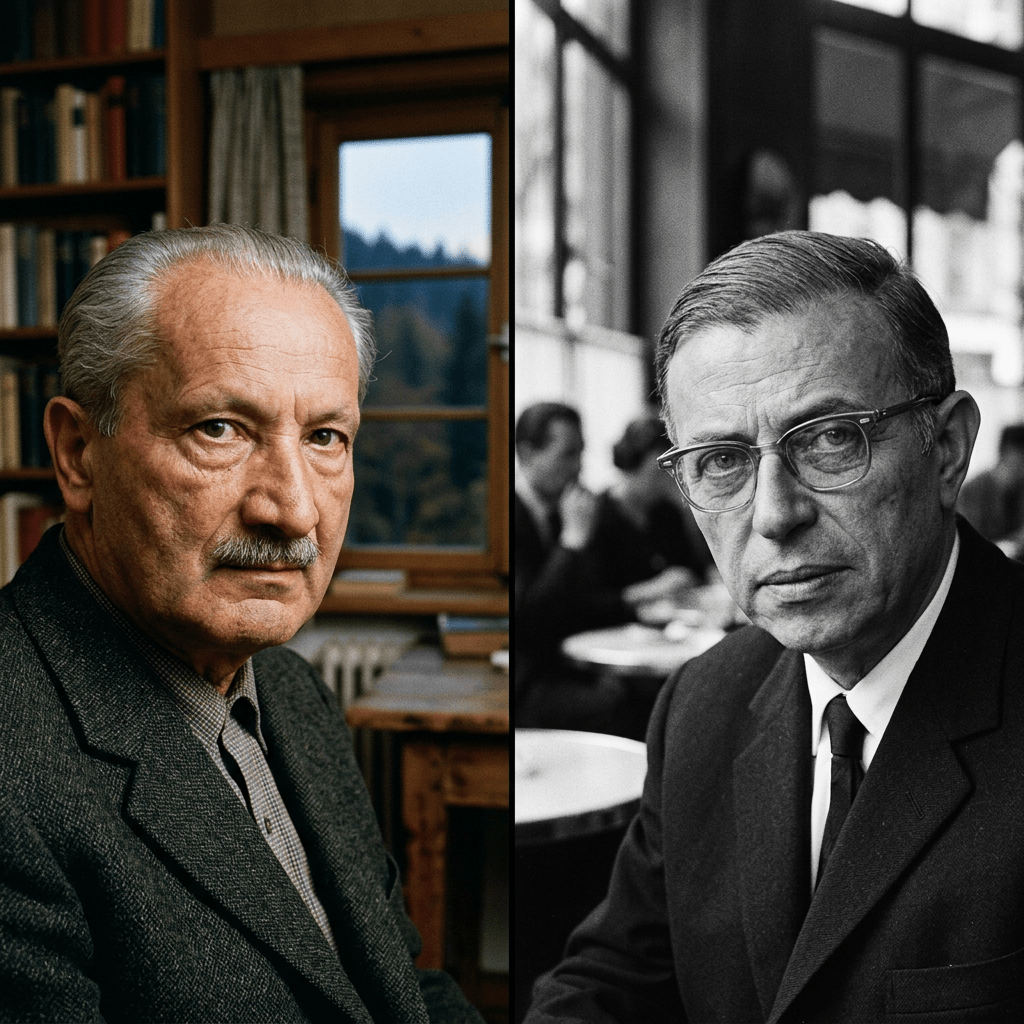Side-by-side portraits of Martin Heidegger in color and Jean-Paul Sartre in black and white