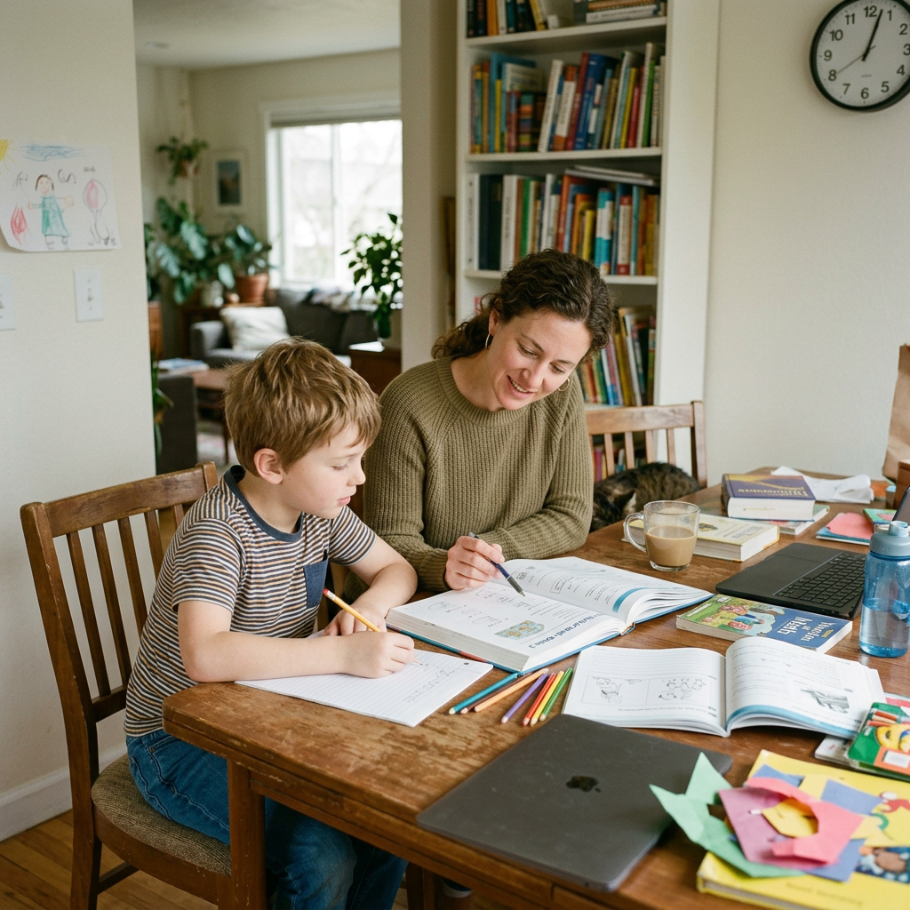 Adult helping child with homework at a wooden table with books, colored pencils, and laptop