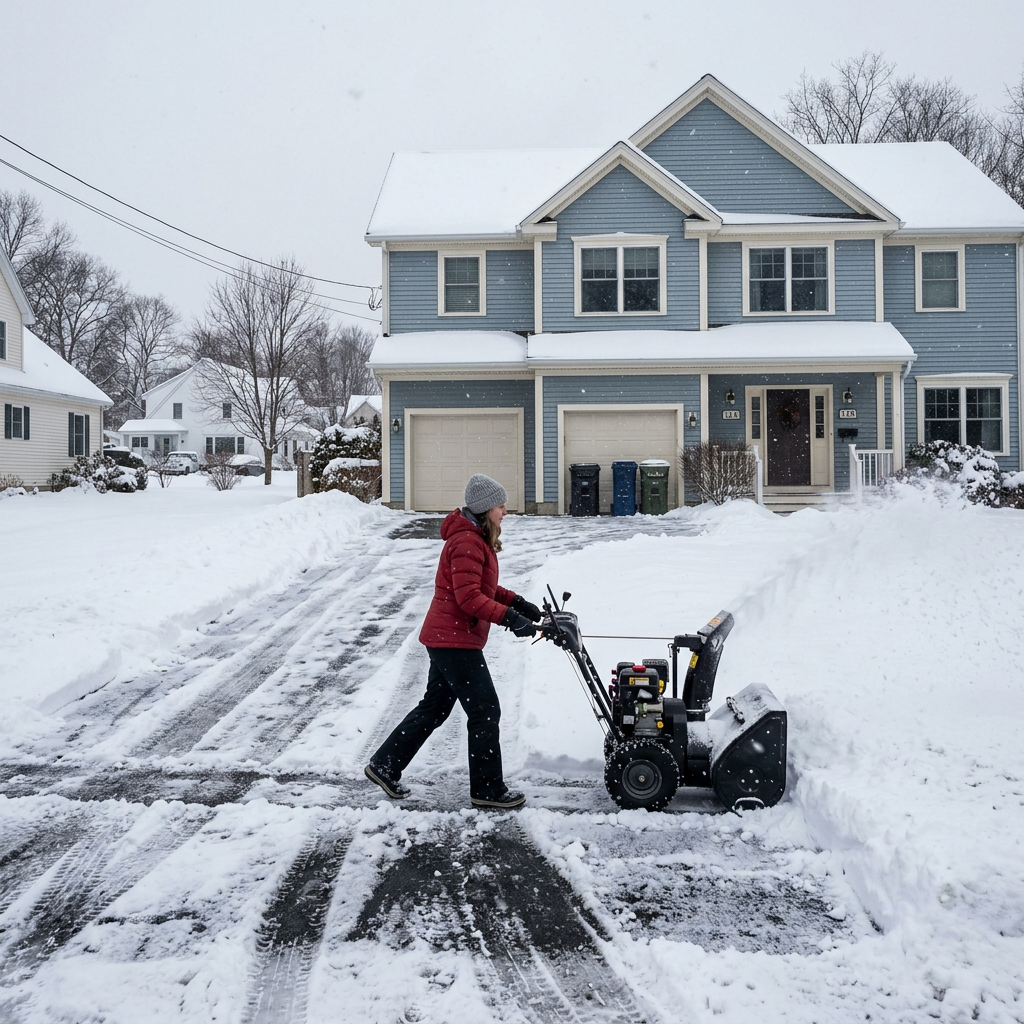 Person using snow blower to clear snow from driveway in winter