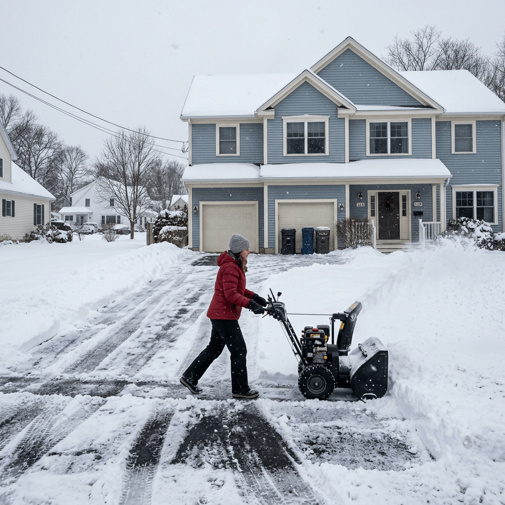 Person using snow blower to clear snow from driveway in winter