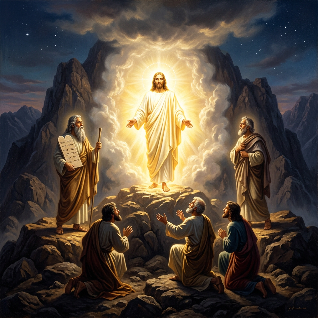 Jesus glowing with divine light standing on a mountain, surrounded by kneeling apostles and two standing prophets holding tablets and robes.