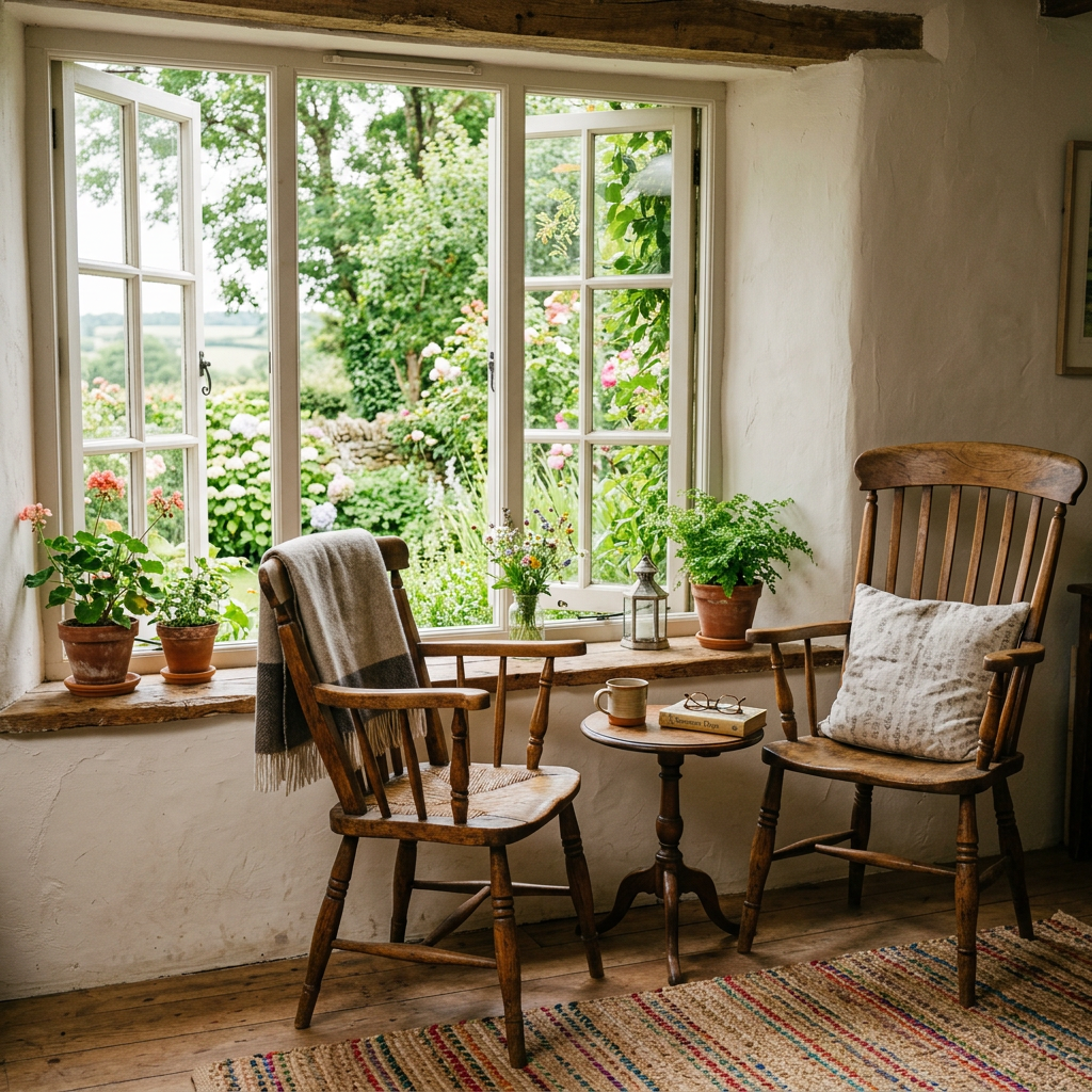 Two wooden armchairs beside open windows overlooking a flower garden